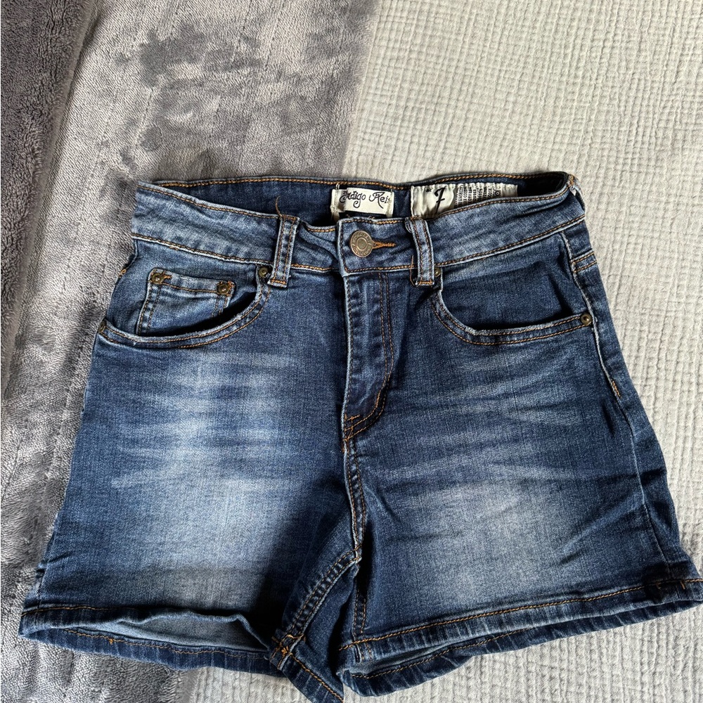 Angie Blue Jean Shorts with Rolled Hem and Stretch